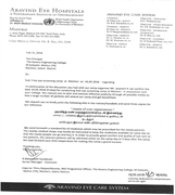 Recognition and appreciation Letter from Aravind Eye care Hospital for organizing free Camp on 16th March 2018 at Mecheri.